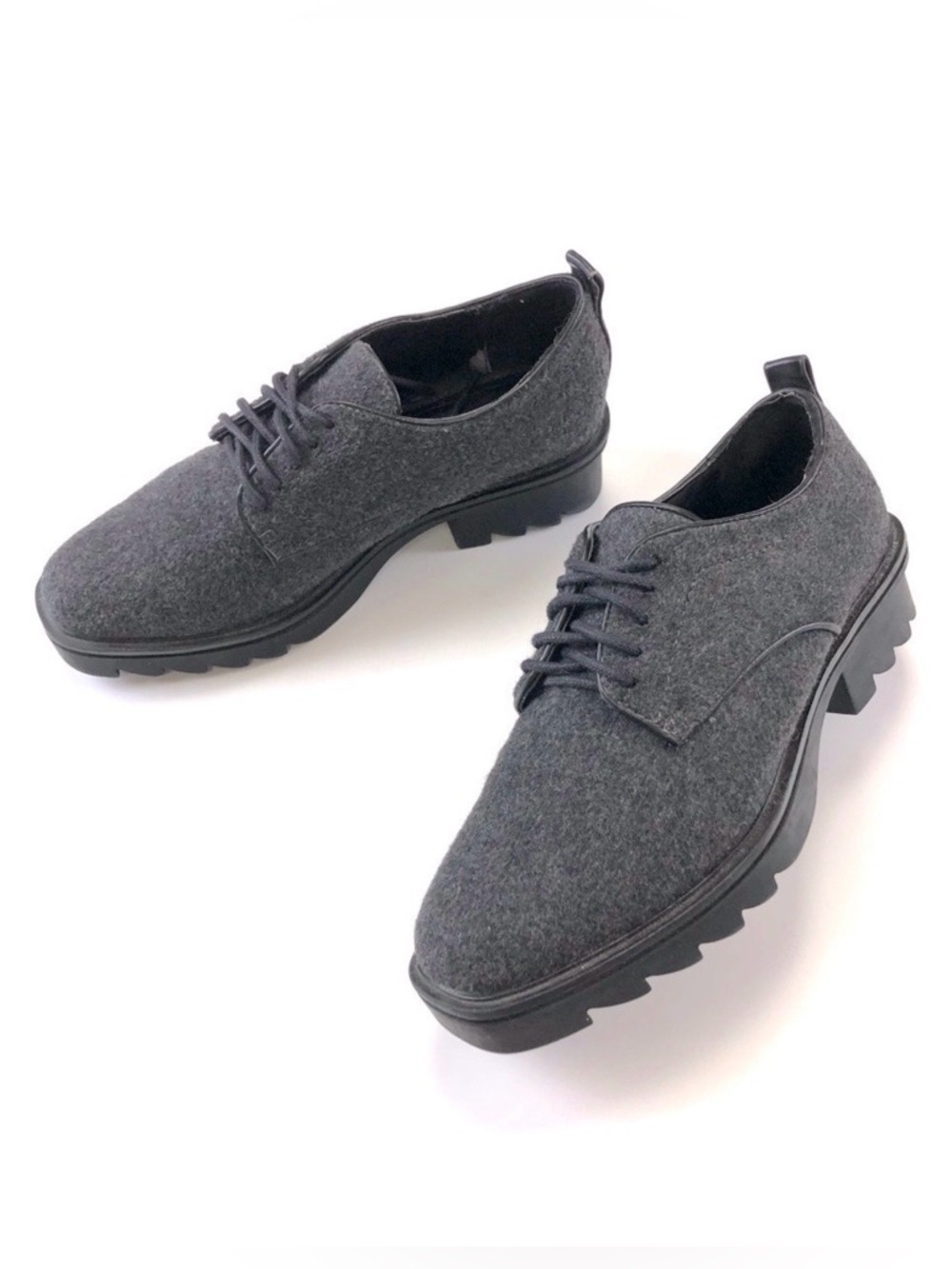 Zara grey flannel laceup lug heel modern Oxford shoes Size 37 6.5 Heritagecore